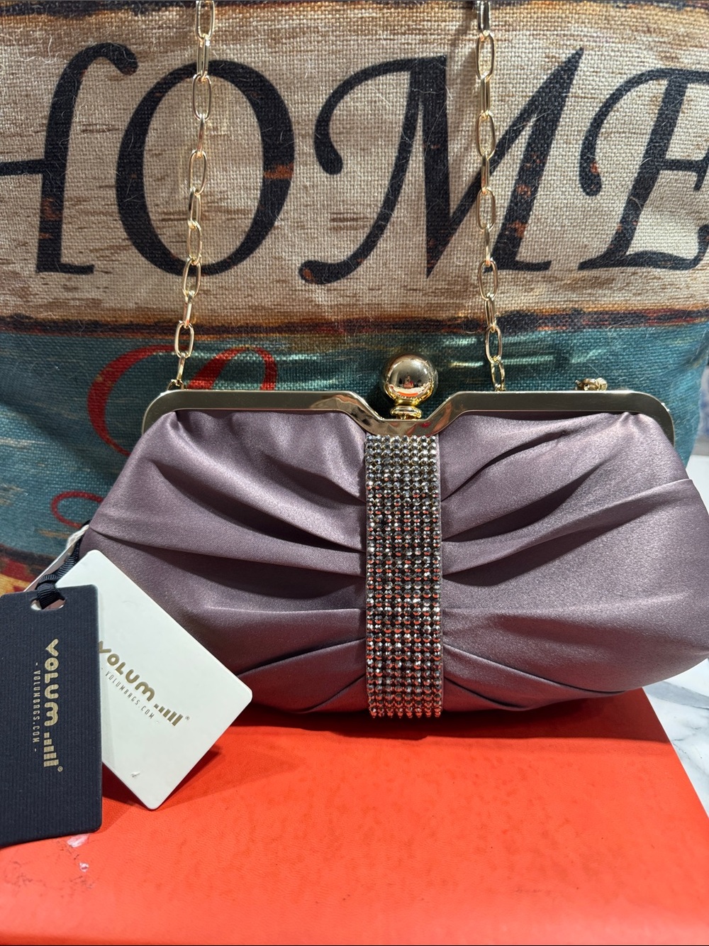 Satin Evening Clutch in Dusty Mauve with Crystal Band